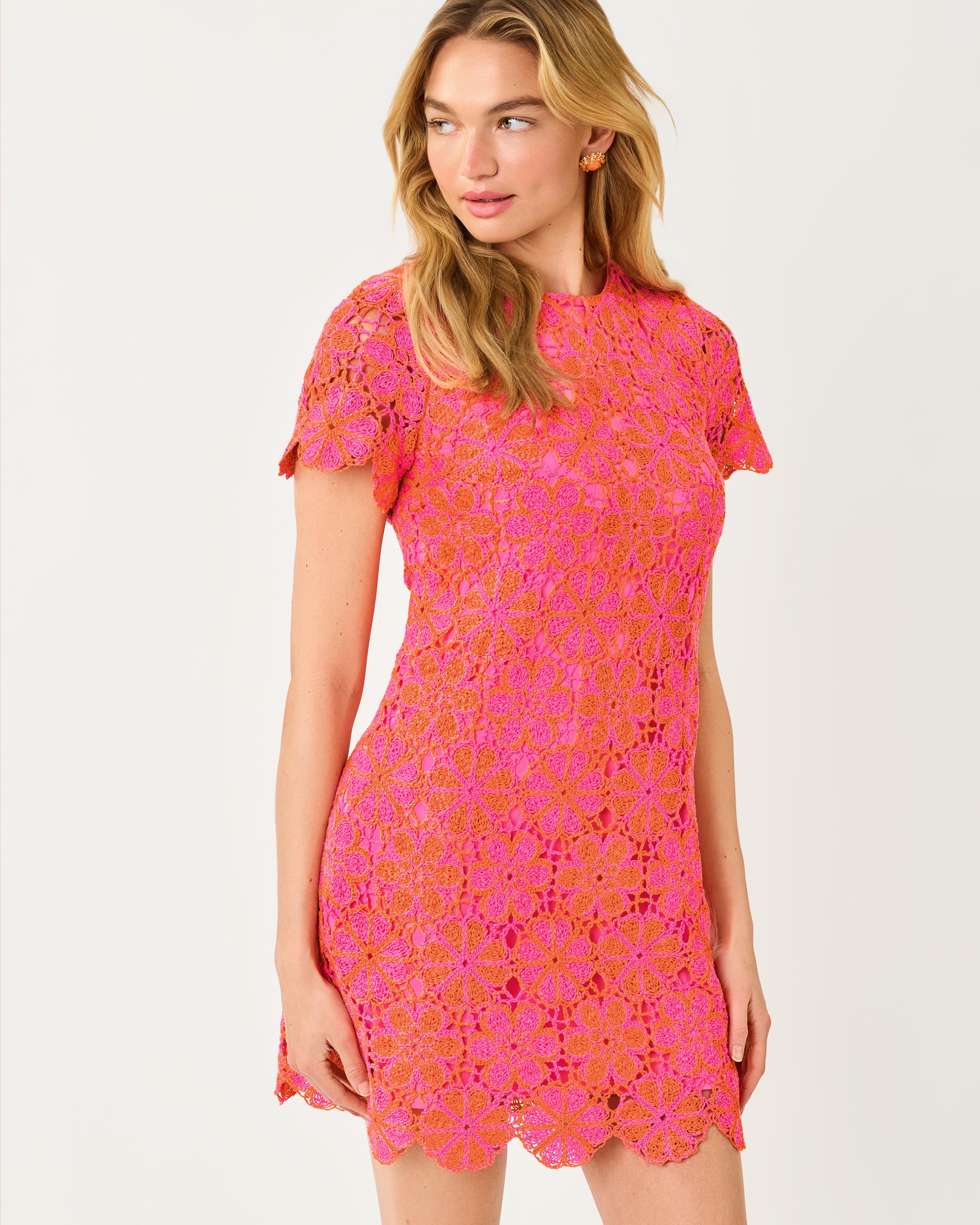 Cortney Crochet Shift Dress - Cherry Blossom Pink X Sunset Orange Full Bloom