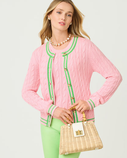 Brockton Crew Neck Cardigan - Conch Shell Pink X Jackfruit Green Tipping