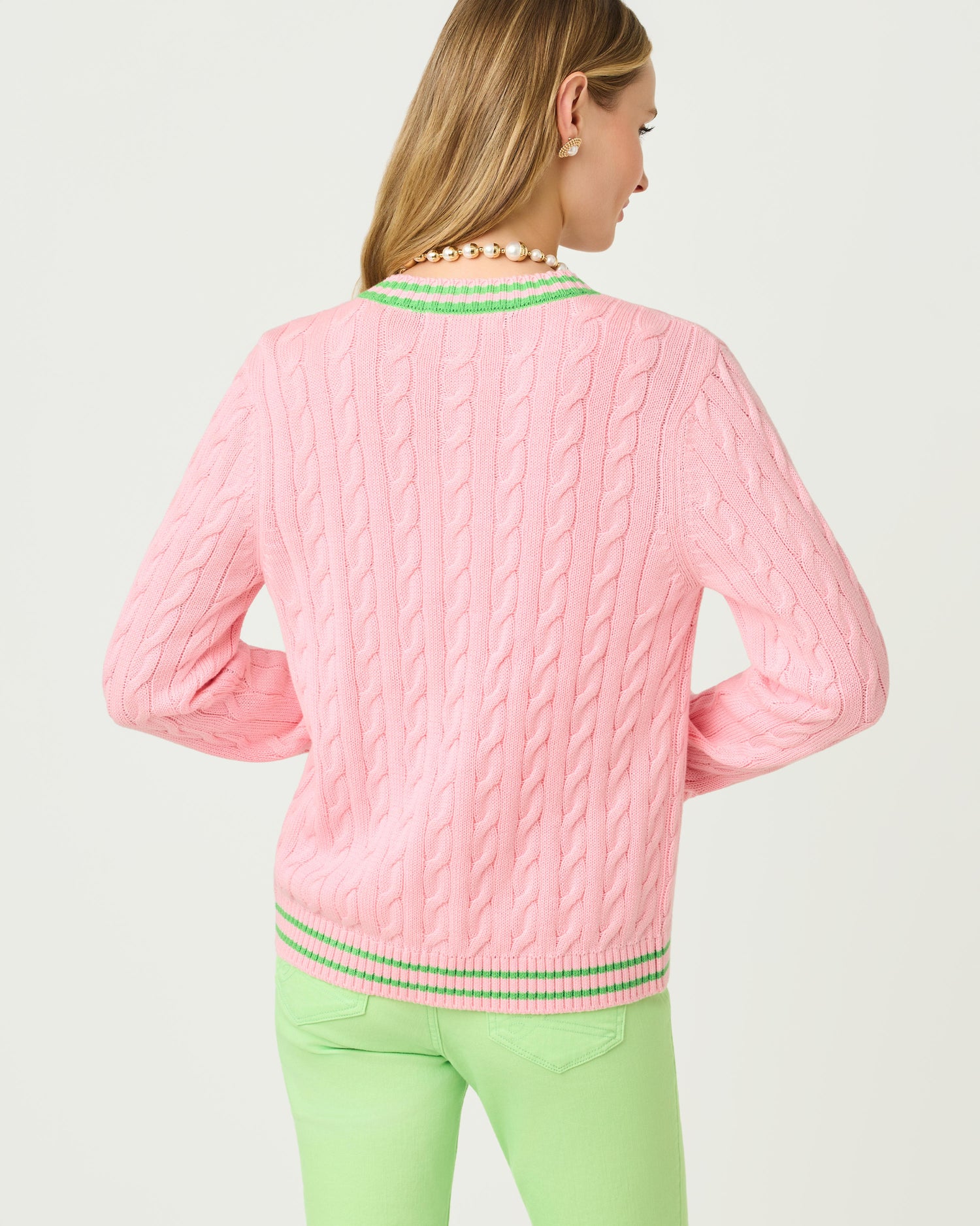 Brockton Crew Neck Cardigan - Conch Shell Pink X Jackfruit Green Tipping
