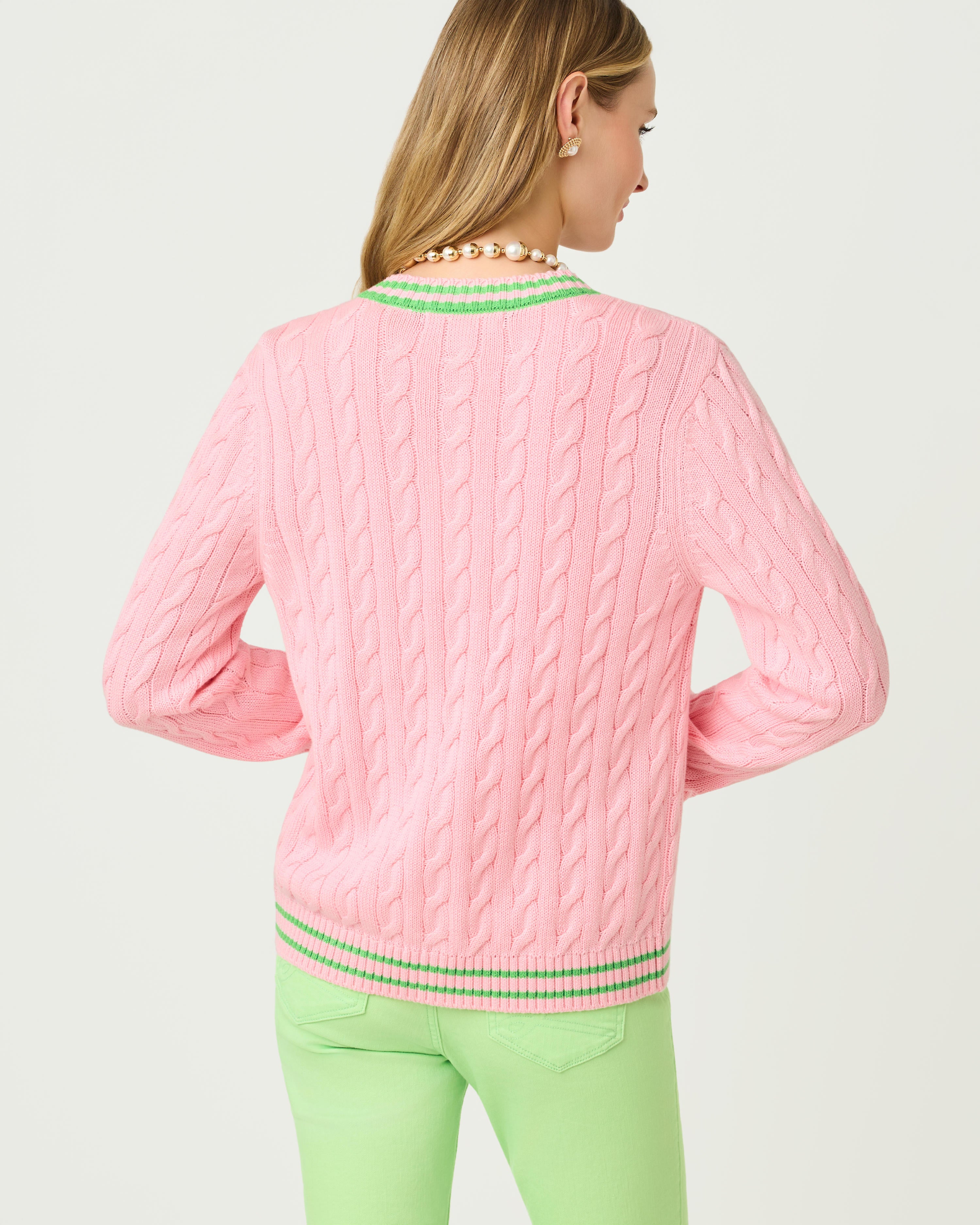 Brockton Crew Neck Cardigan - Conch Shell Pink X Jackfruit Green Tipping
