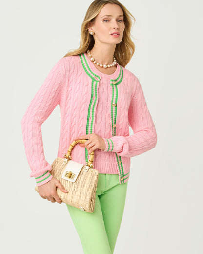 Brockton Crew Neck Cardigan - Conch Shell Pink X Jackfruit Green Tipping