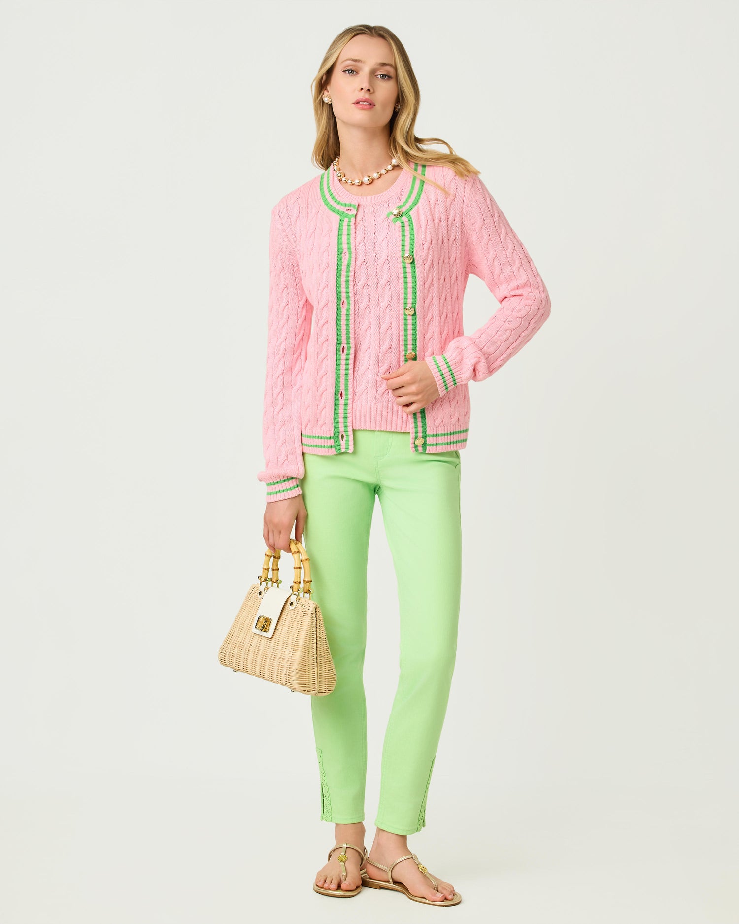 Brockton Crew Neck Cardigan - Conch Shell Pink X Jackfruit Green Tipping
