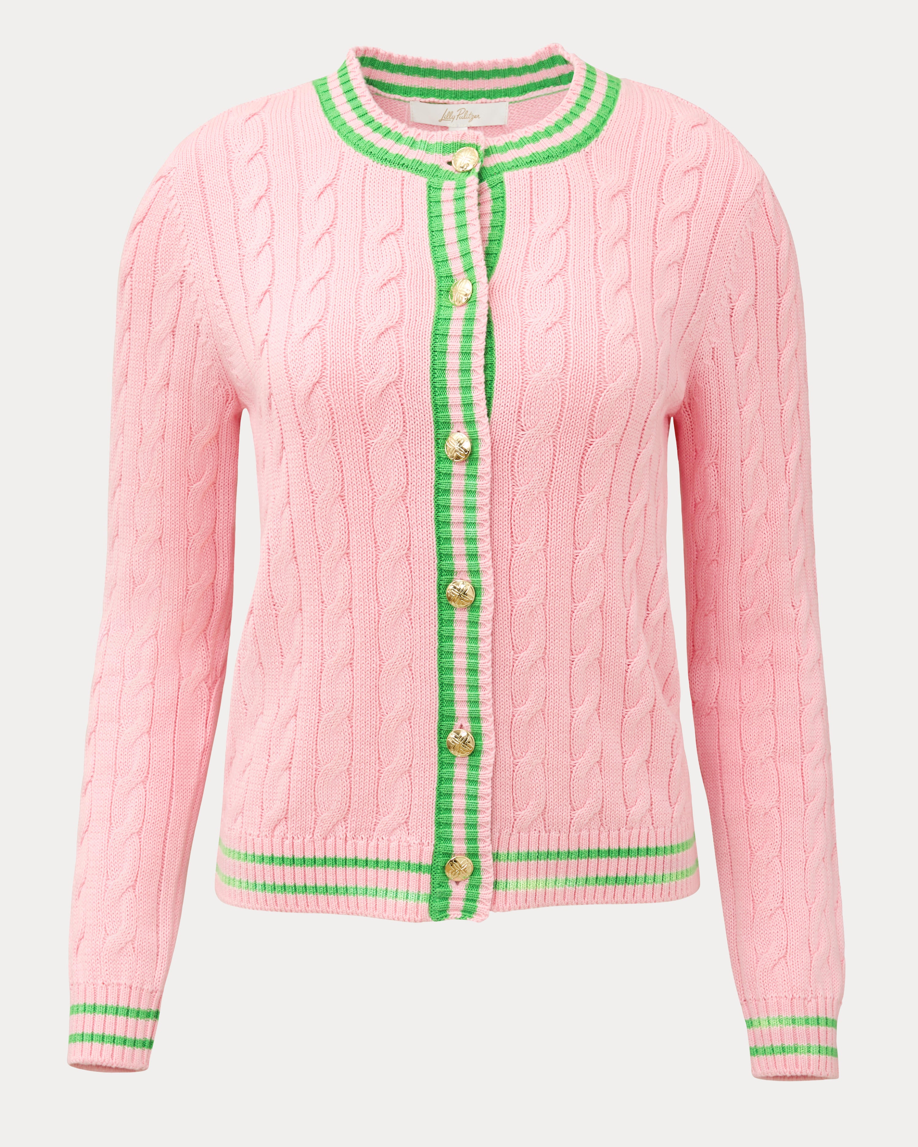 Brockton Crew Neck Cardigan - Conch Shell Pink X Jackfruit Green Tipping