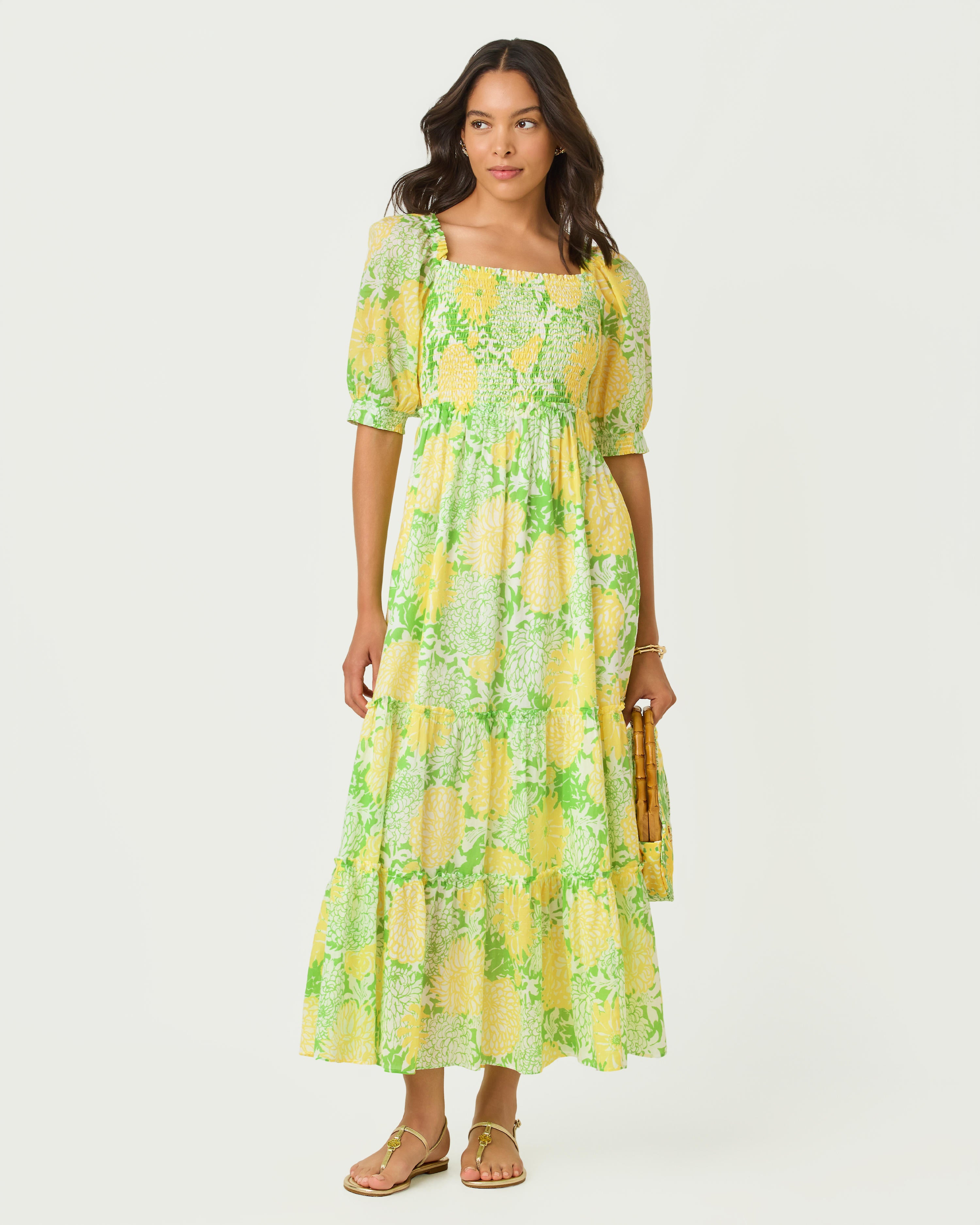 Hadly Short Sleeve Smocked Maxi Dress - Crocodile Green Mumbo Jumbo