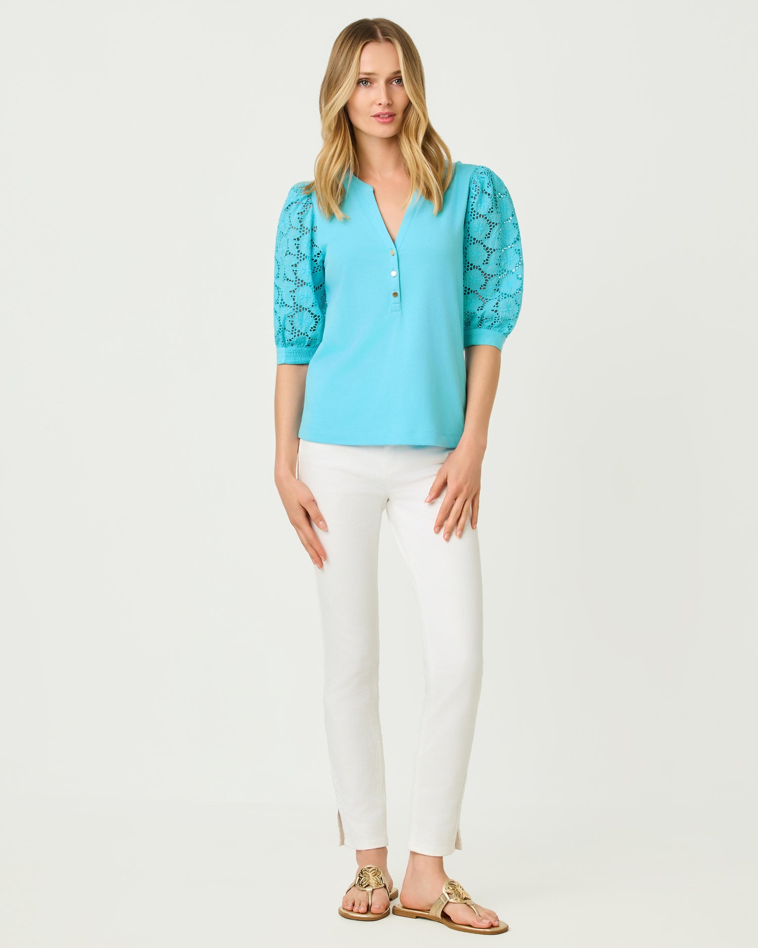 Ronson Eyelet Knit Top - Capri Blue