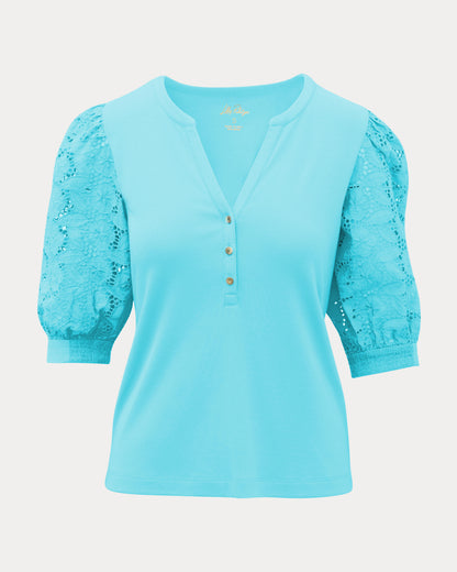 Ronson Eyelet Knit Top - Capri Blue