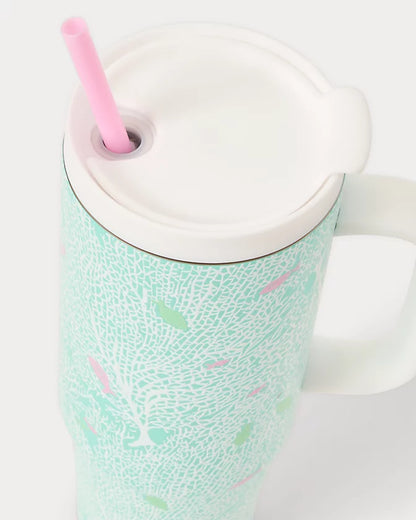 Lilly Pulitzer 30 Oz Stainless Steel Tumbler with Handle Mint Condition Fantastical with pink straw 