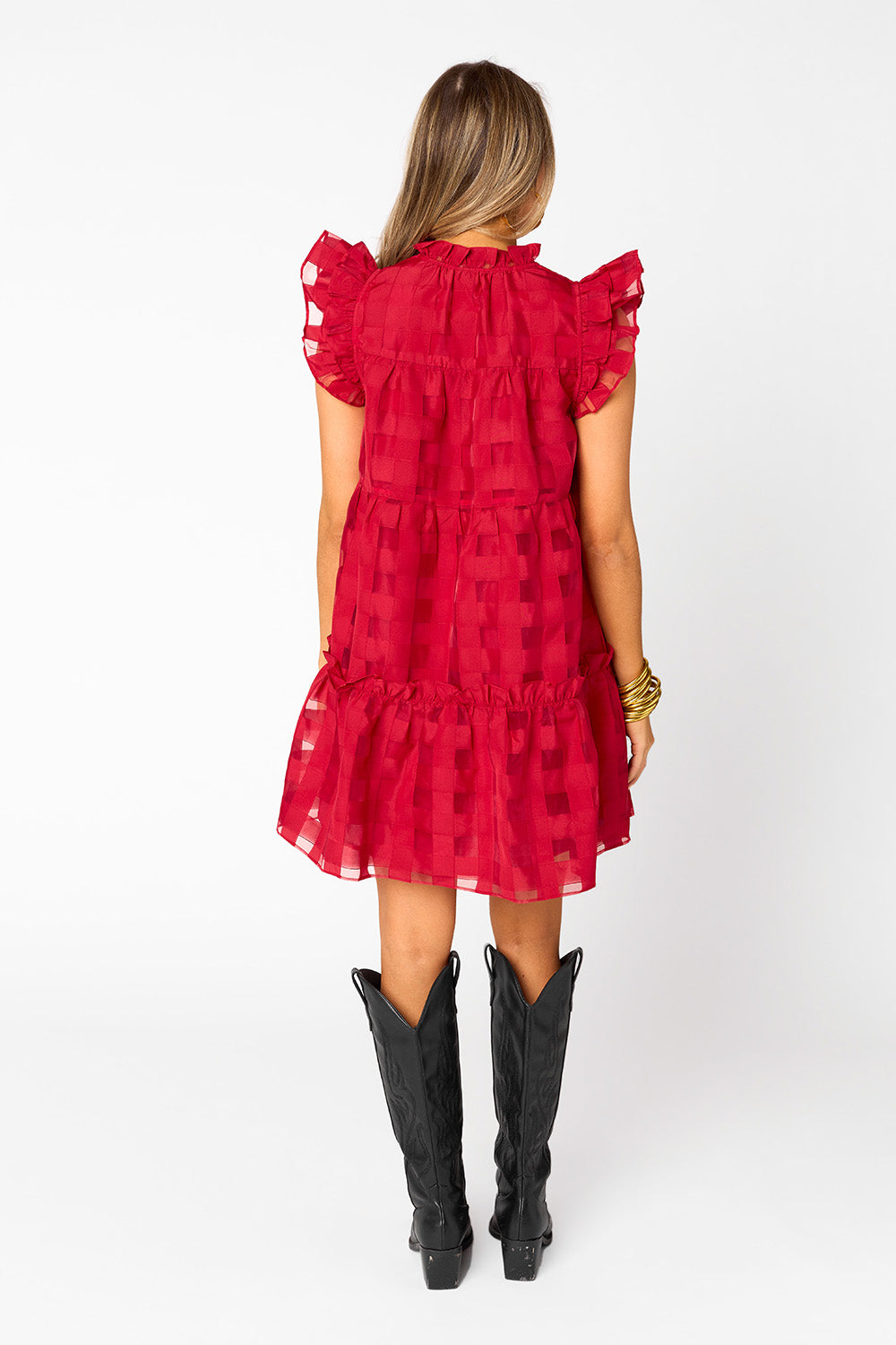 Aubrey Ruffle Shoulder Short Dress - Ruby