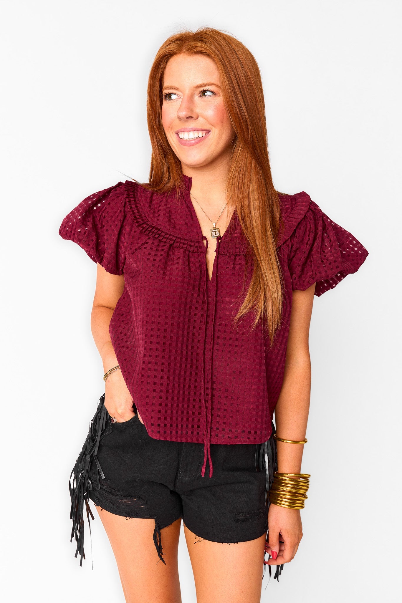 Leeland Puff Sleeve Top - Maroon