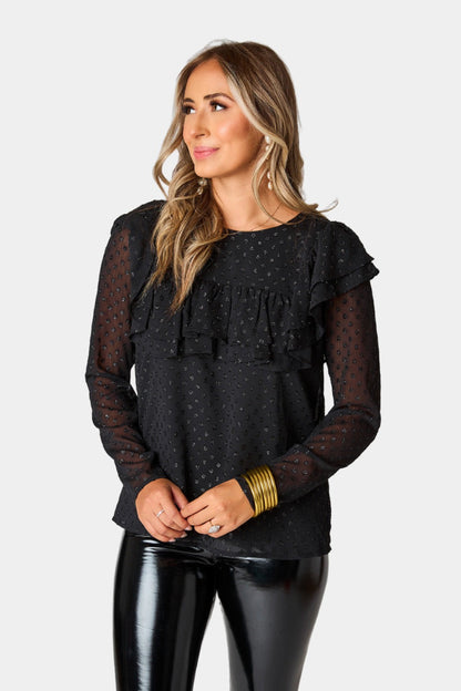 Prairie Ruffle Long Sleeve Top - Black Quartz