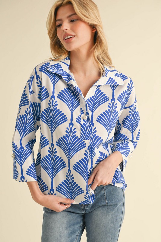 Cloister Collection | Print 3/4 Sleeves Collar Top