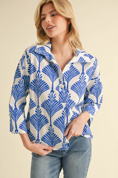 Cloister Collection | Print 3/4 Sleeves Collar Top