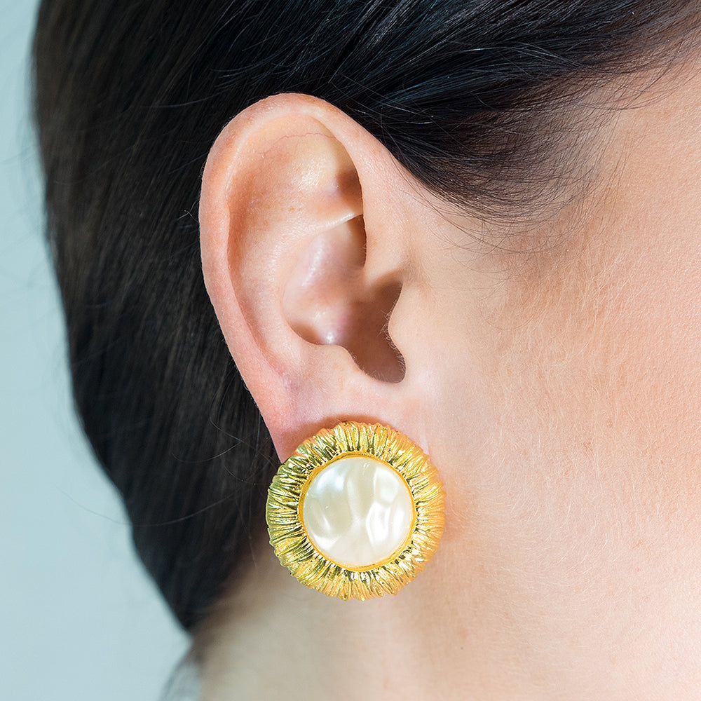 Clip Gold Pearl Button Earring