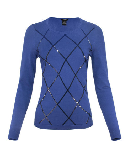 Blue sweater with black lattice pattern on a white background