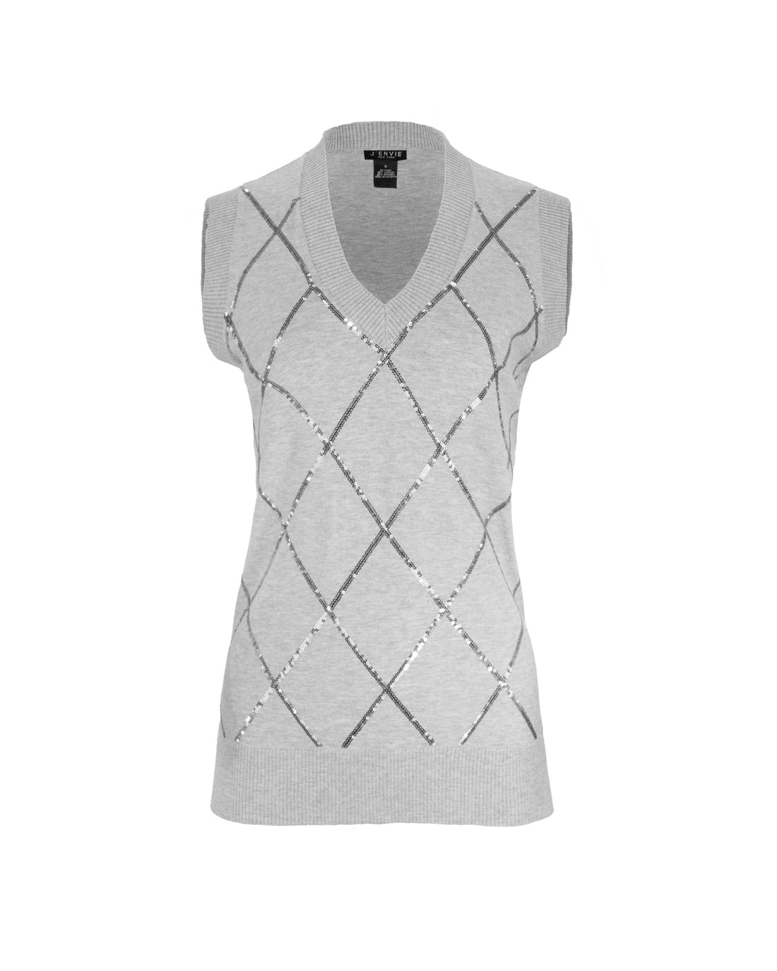 Gray sleeveless knitted top with diamond pattern on a white background