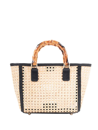 Woven handbag with black accents on a white background