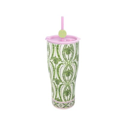Stainless Steel Tumbler with Straw, Textured Palm Stripe