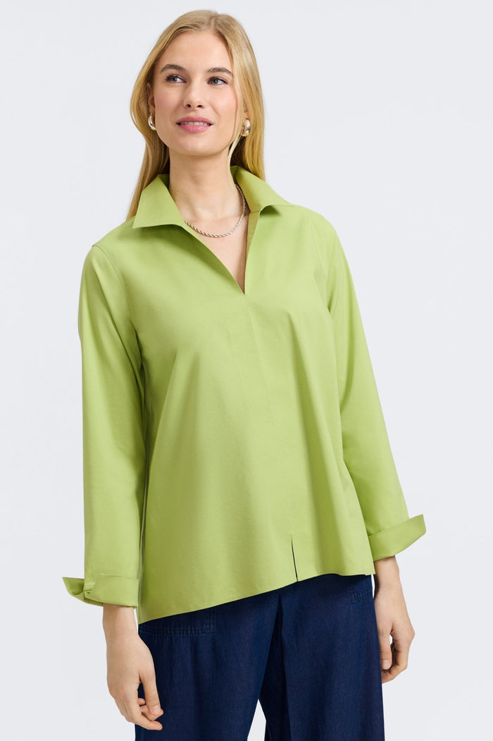 Foxcroft | Agnes No Iron Stretch Long Sleeve Popover Shirt - Celery