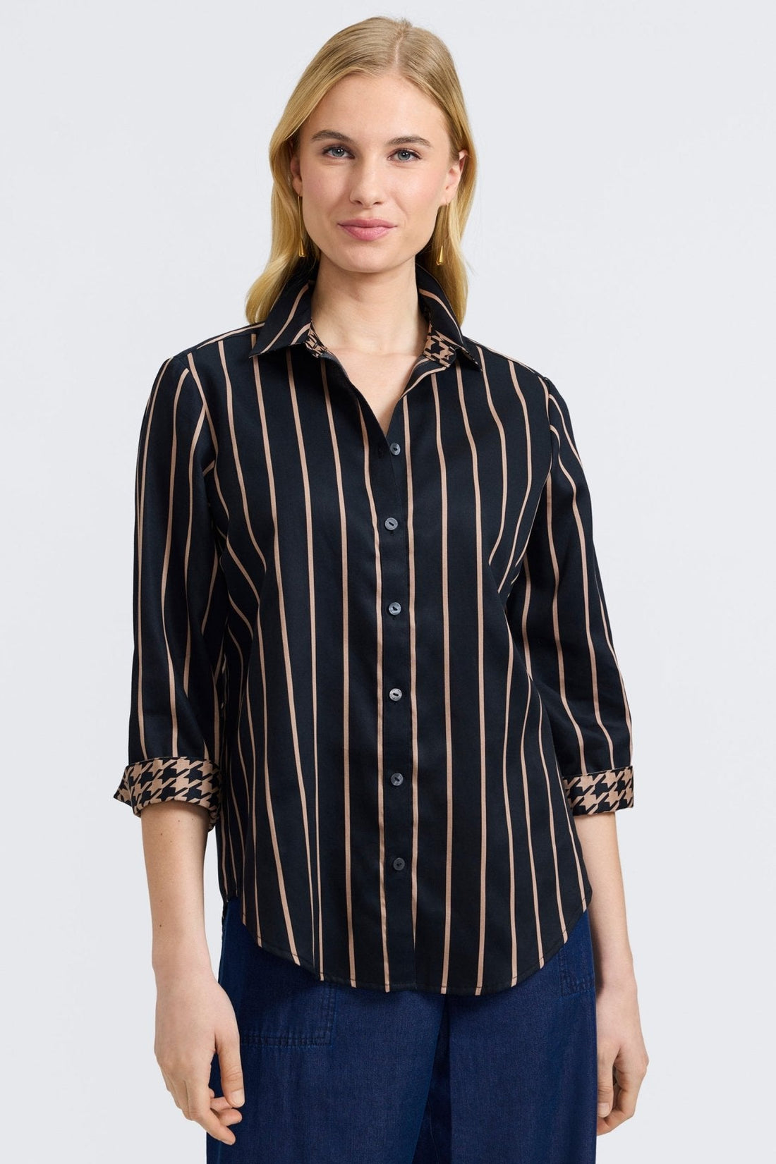 Foxcroft | Margie Stripe &amp; Houndstooth 3/4 Sleeve Shirt