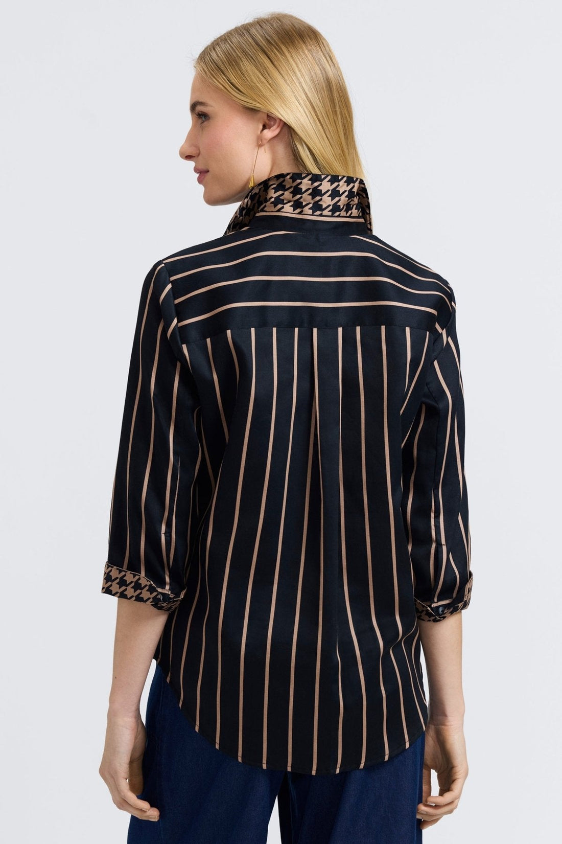 Foxcroft | Margie Stripe &amp; Houndstooth 3/4 Sleeve Shirt