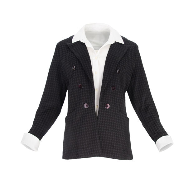 Black checkered blazer with white shirt on a white background