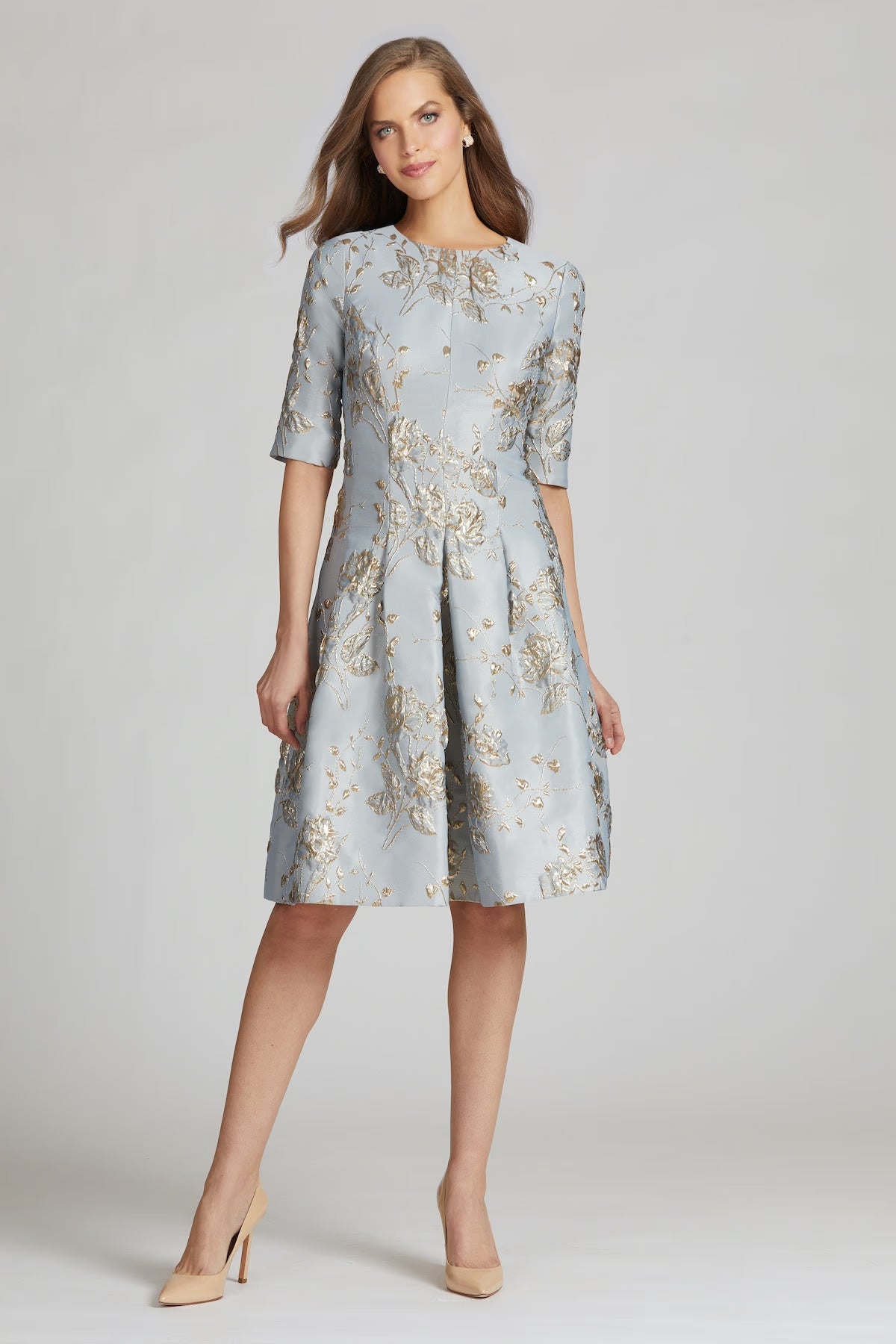 Teri Jon | Jacquard 3/4 Sleeve A-Line Dress