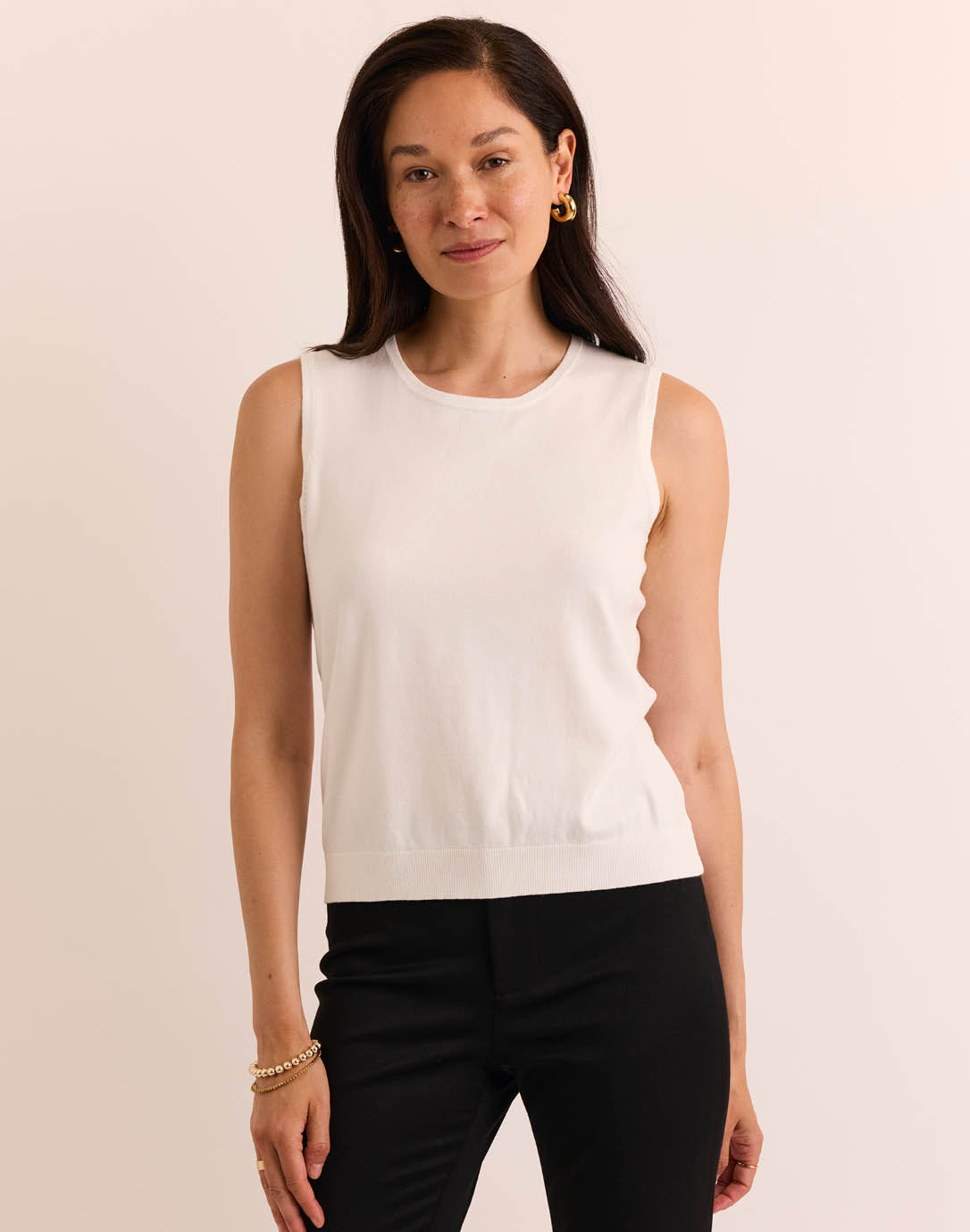 Maria Sleeveless Ribbed Trim Tank - Eggshell