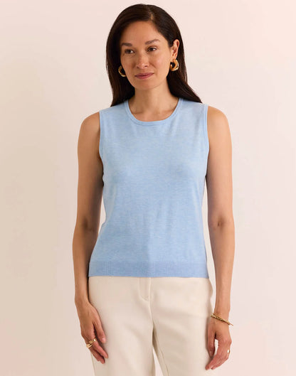 Woman modeling a light blue sleeveless knit top with a crew neck the h edition Maria Sleeveless Ribbed Trim Shell sky blue heather