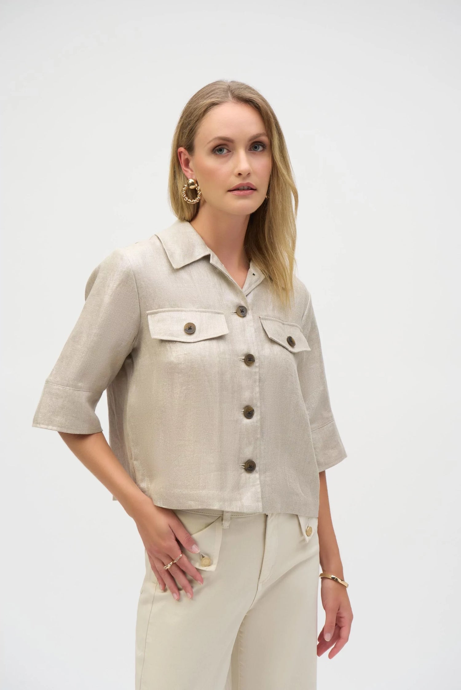 Joseph Ribkoff | Foiled Linen Blend Short Sleeve Boxy Jacket - Champagne