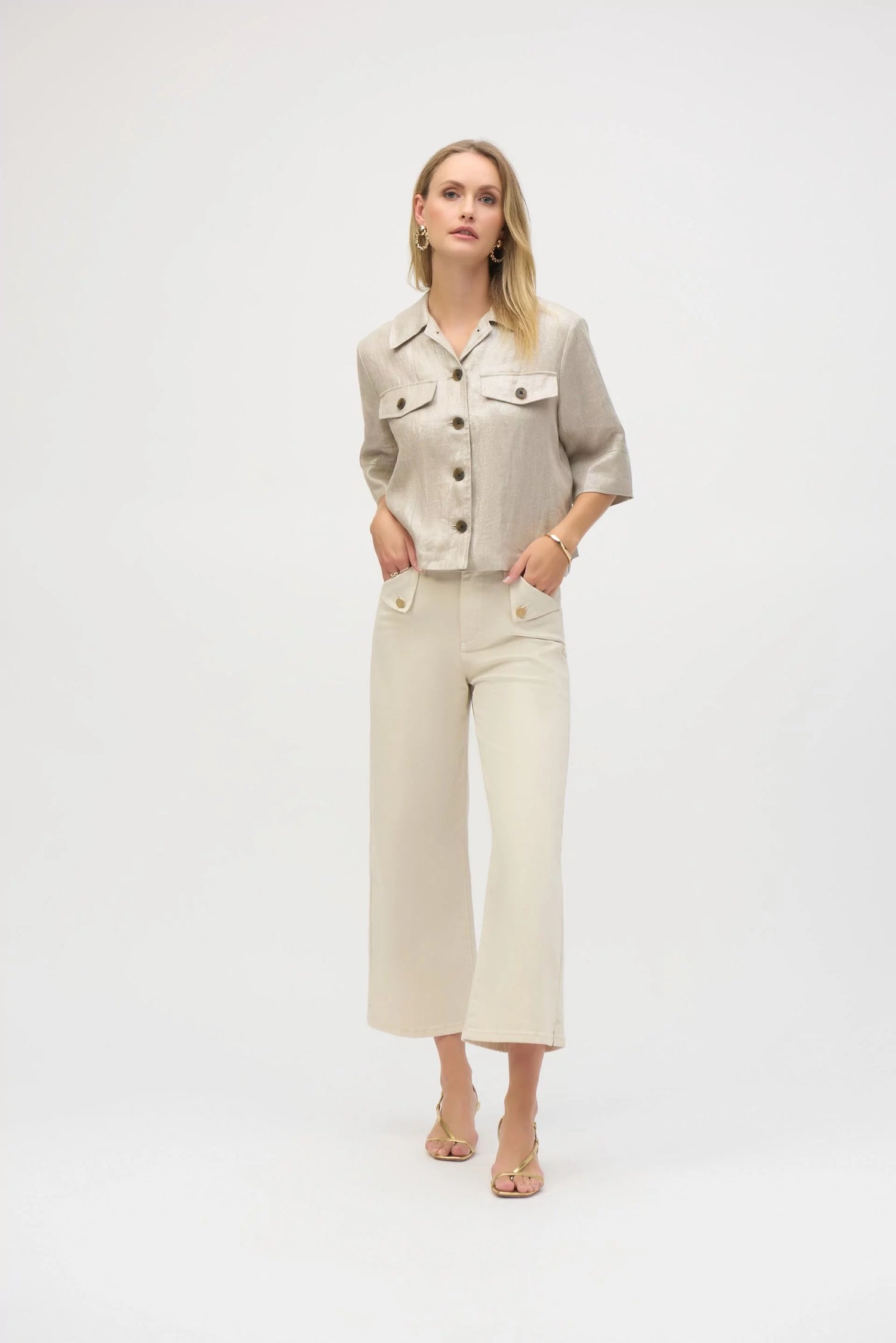 Joseph Ribkoff | Foiled Linen Blend Short Sleeve Boxy Jacket - Champagne