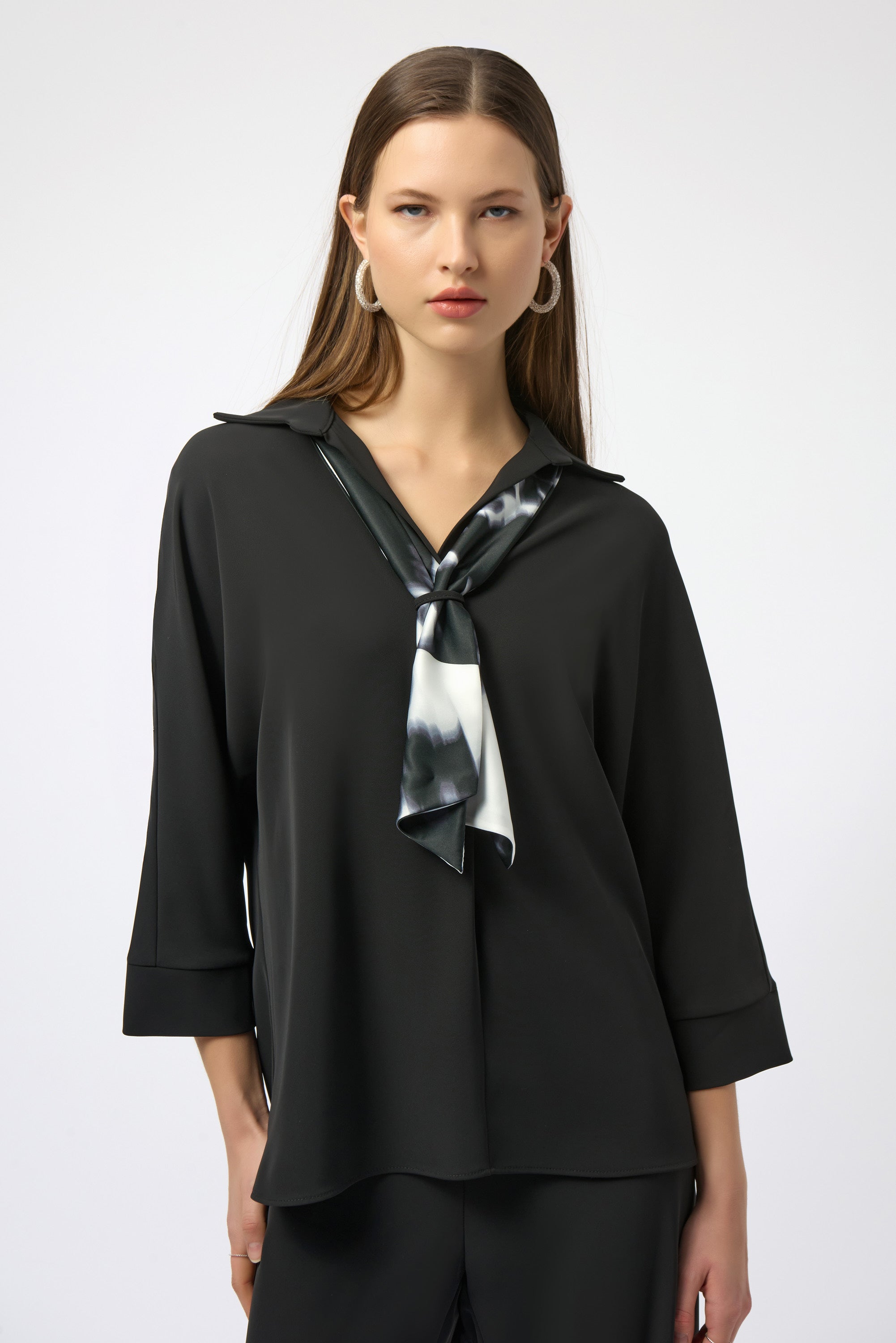 Joseph Ribkoff | Woven Boxy Top With Printed Scarf