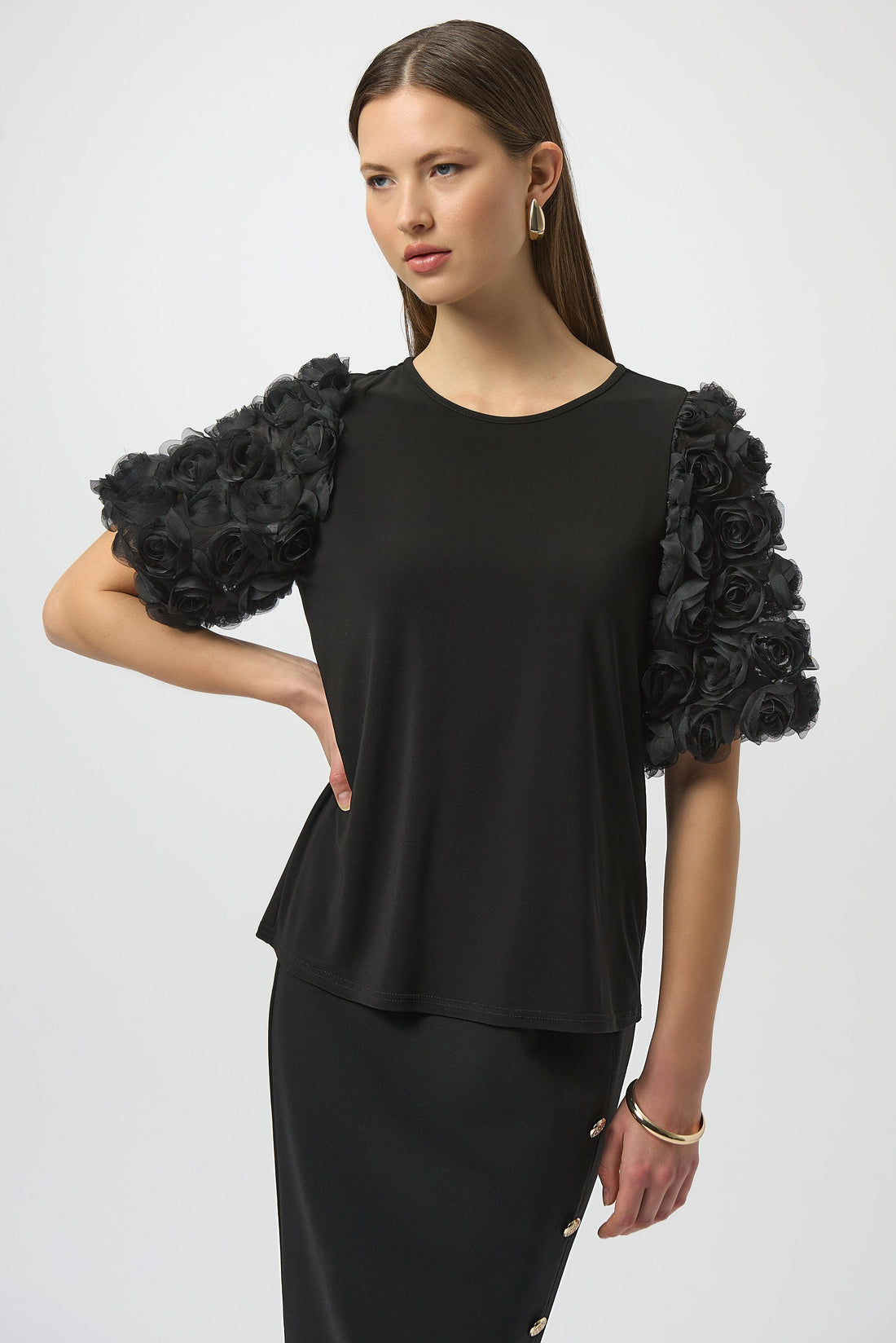 Joseph Ribkoff | Top With Rosette Embroidered Sleeves - Black