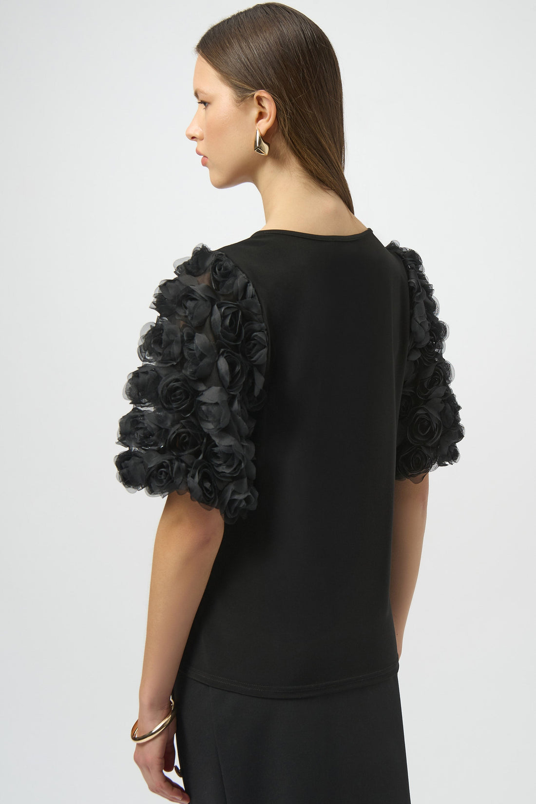 Joseph Ribkoff | Top With Rosette Embroidered Sleeves - Black