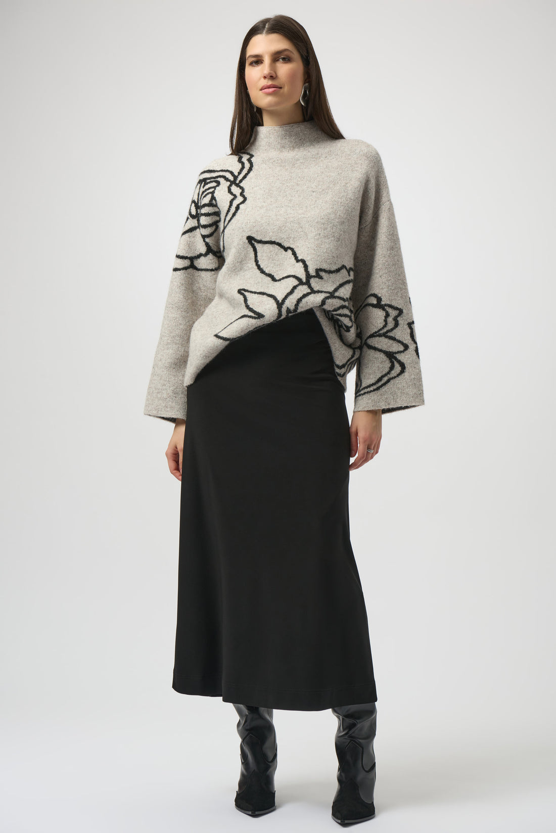 Joseph Ribkoff | Floral Embroidered Pullover Sweater - Oatmeal Melange/Black