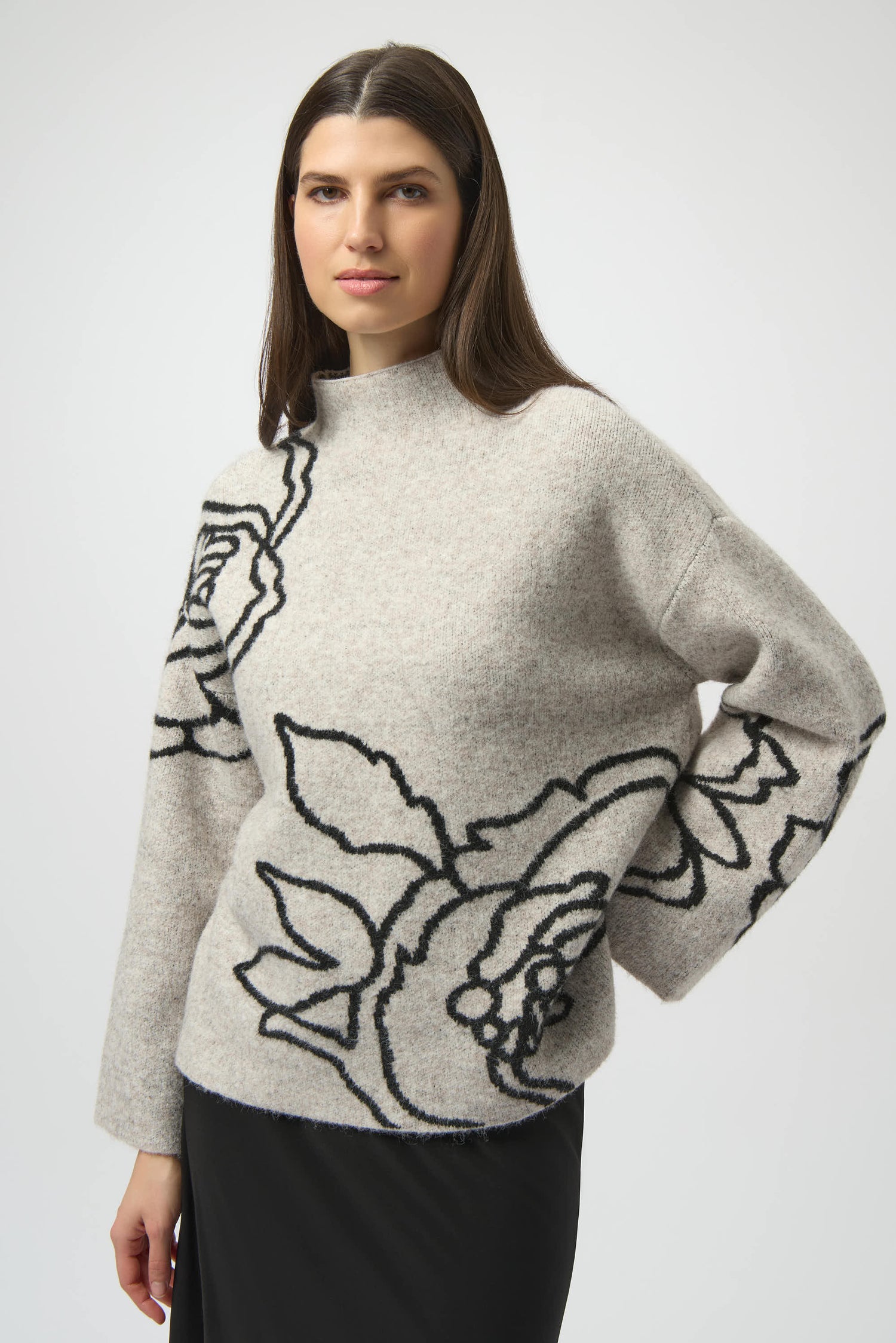 Joseph Ribkoff | Floral Embroidered Pullover Sweater - Oatmeal Melange/Black
