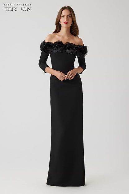 Teri Jon | Crepe 3D Flower Off The Shoulder Gown