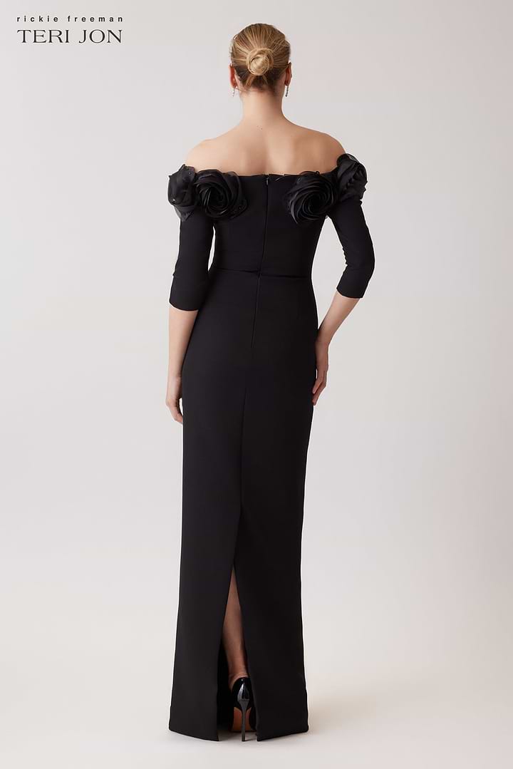 Teri Jon | Crepe 3D Flower Off The Shoulder Gown