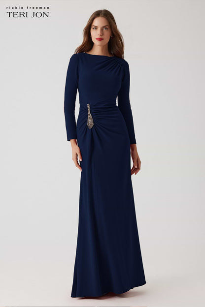 Teri Jon | Crepe Ruched Jewel Applique Gown