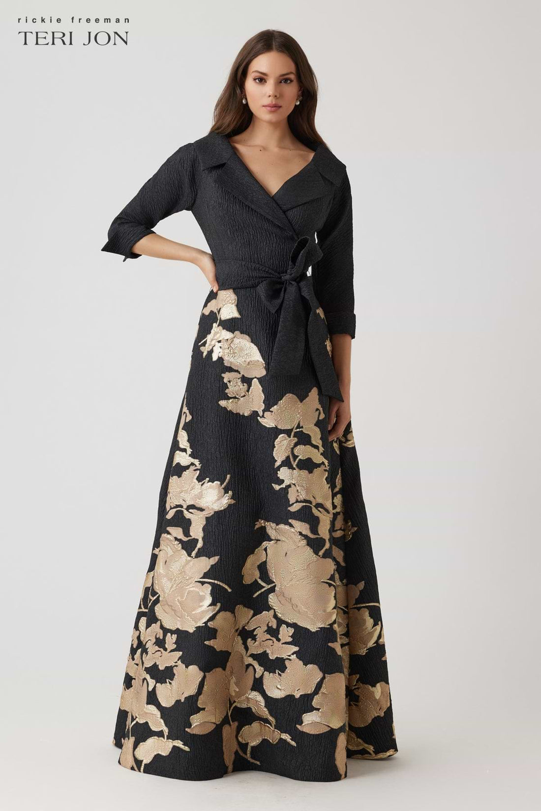 Teri Jon | Metallic Jacquard Floral Shirtdress Gown