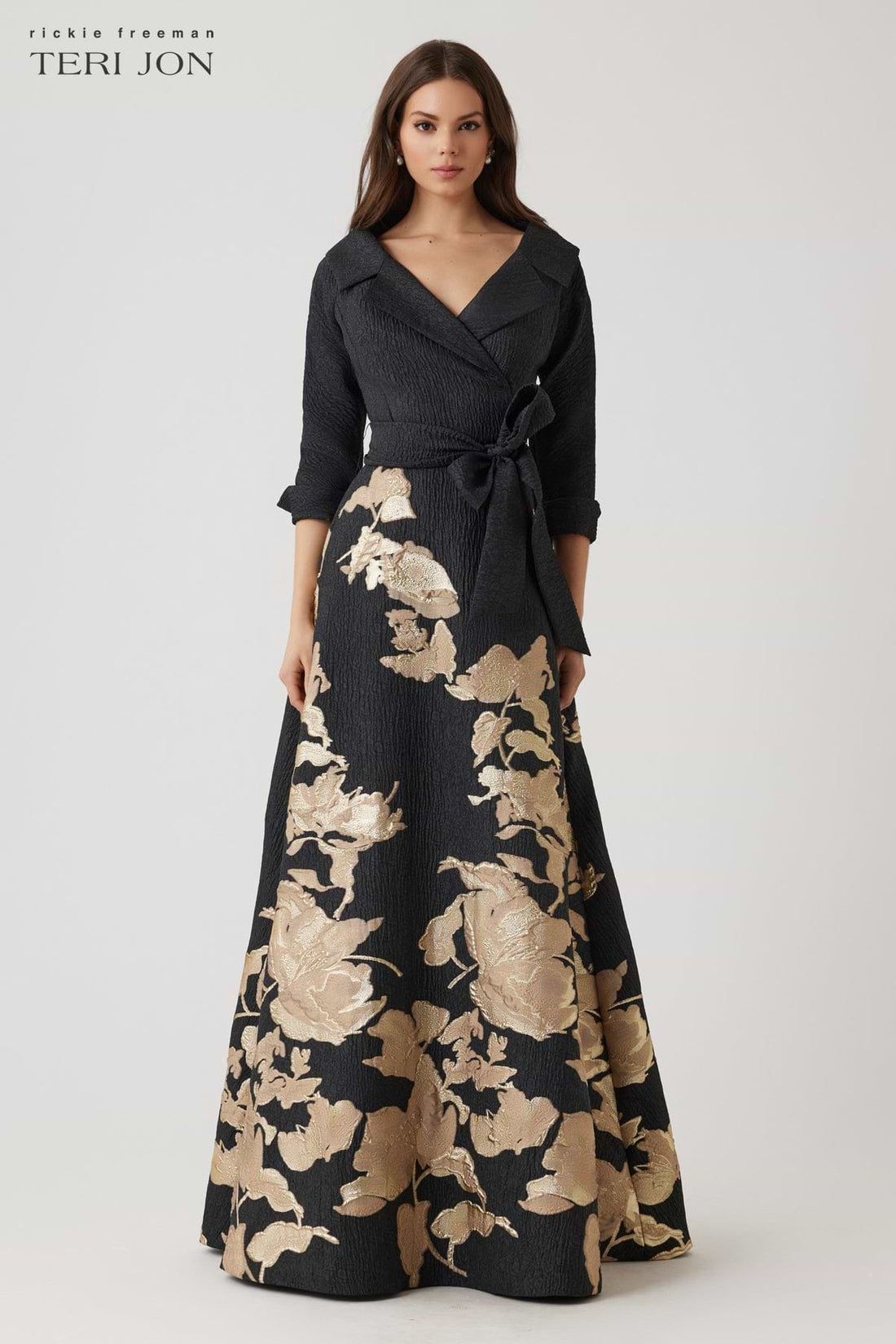 Teri Jon | Metallic Jacquard Floral Shirtdress Gown