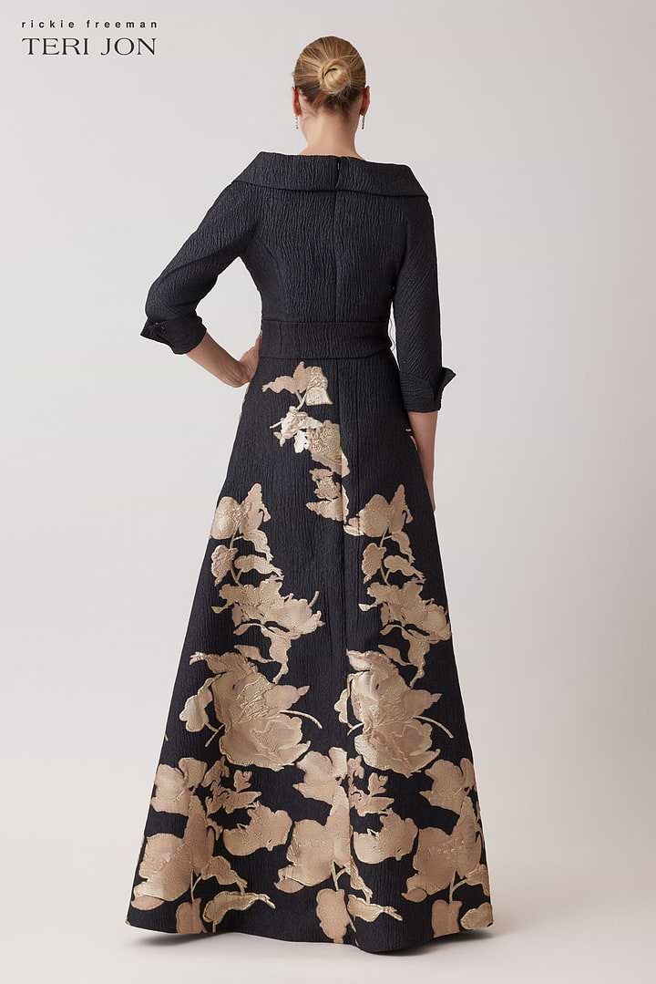 Teri Jon | Metallic Jacquard Floral Shirtdress Gown