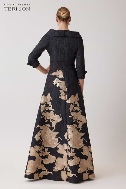 Teri Jon | Metallic Jacquard Floral Shirtdress Gown