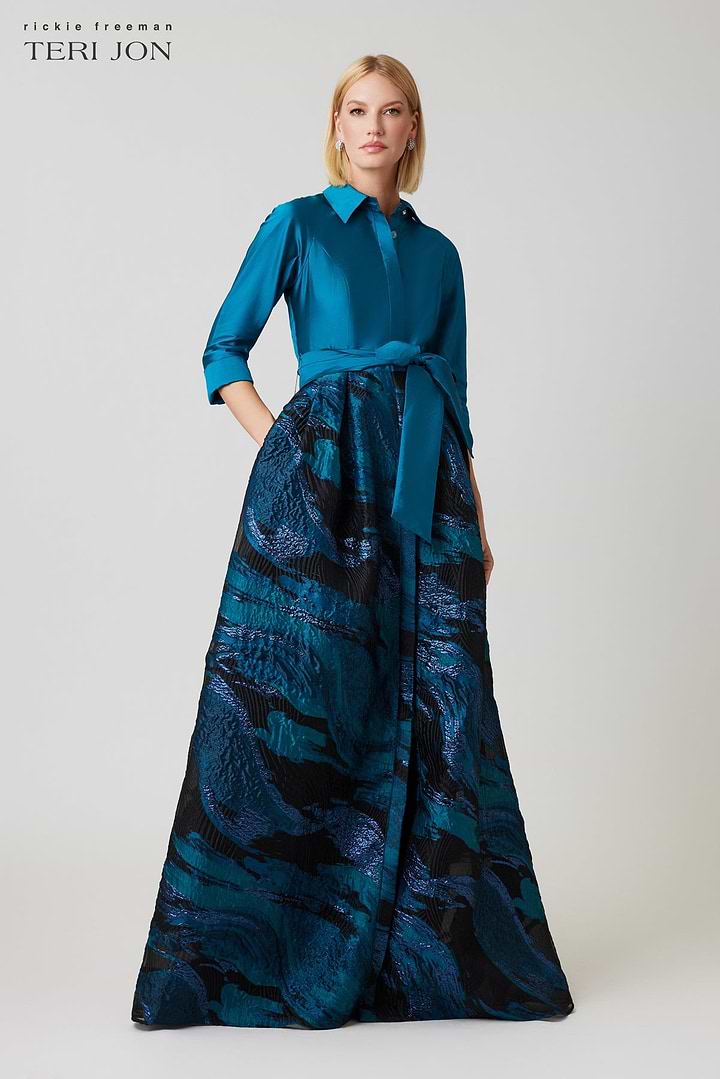 Teri Jon | Jacquard Pattern Skirt Shirt Waist Gown