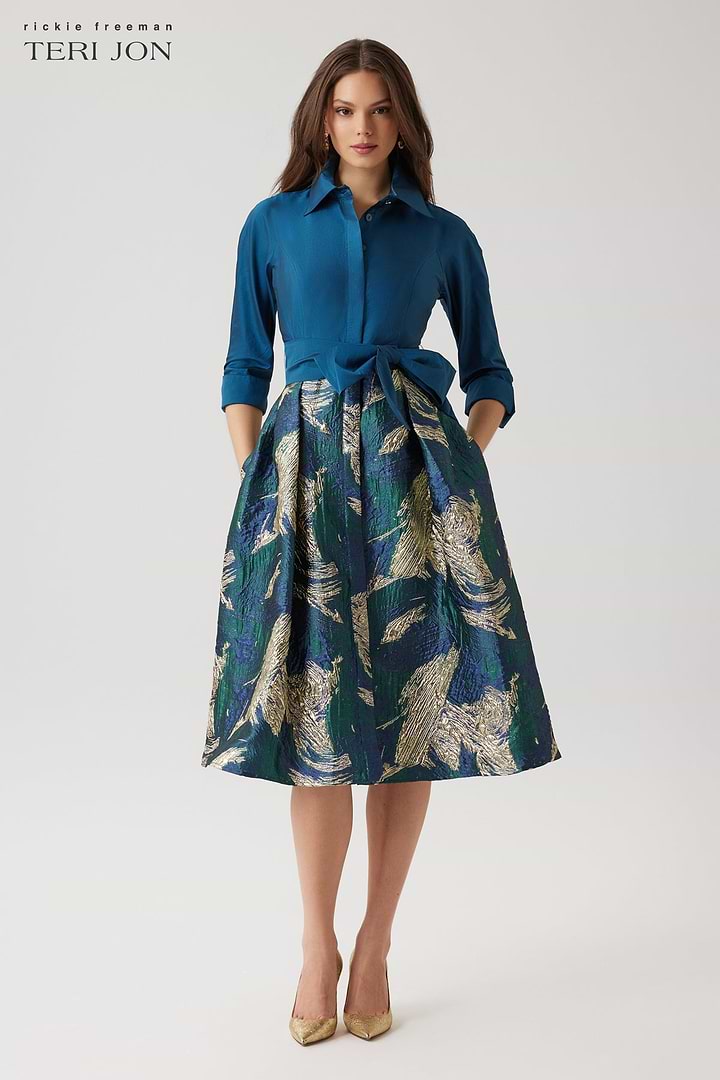 Teri Jon | Taffeta Shirt Dress With Metallic Jacquard Skirt