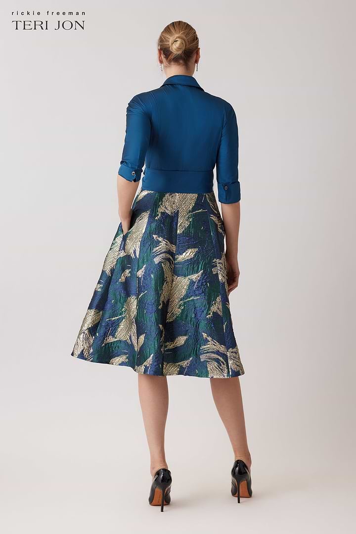 Teri Jon | Taffeta Shirt Dress With Metallic Jacquard Skirt