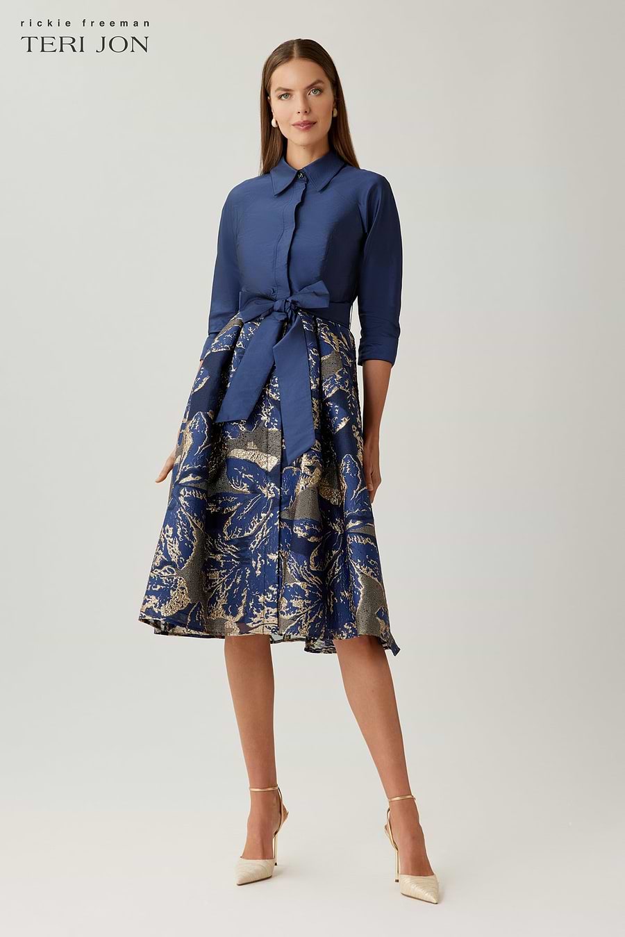 Taffeta Jacquard Metallic Floral Shirt Waist Dress