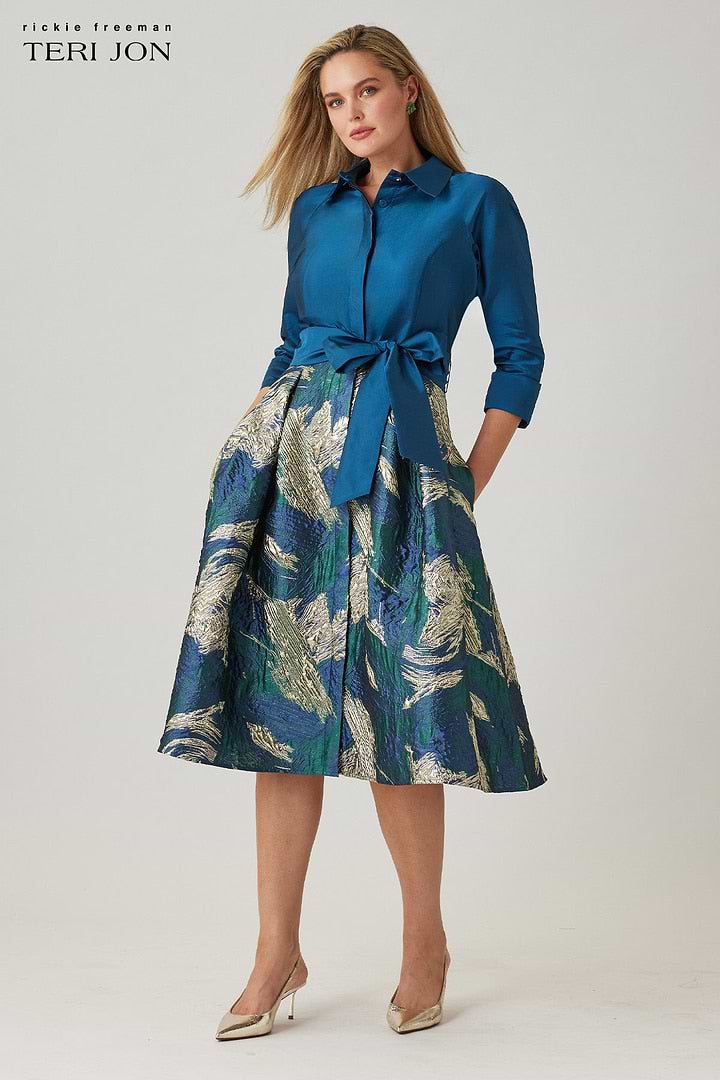 Teri Jon | Taffeta Shirt Dress With Metallic Jacquard Skirt