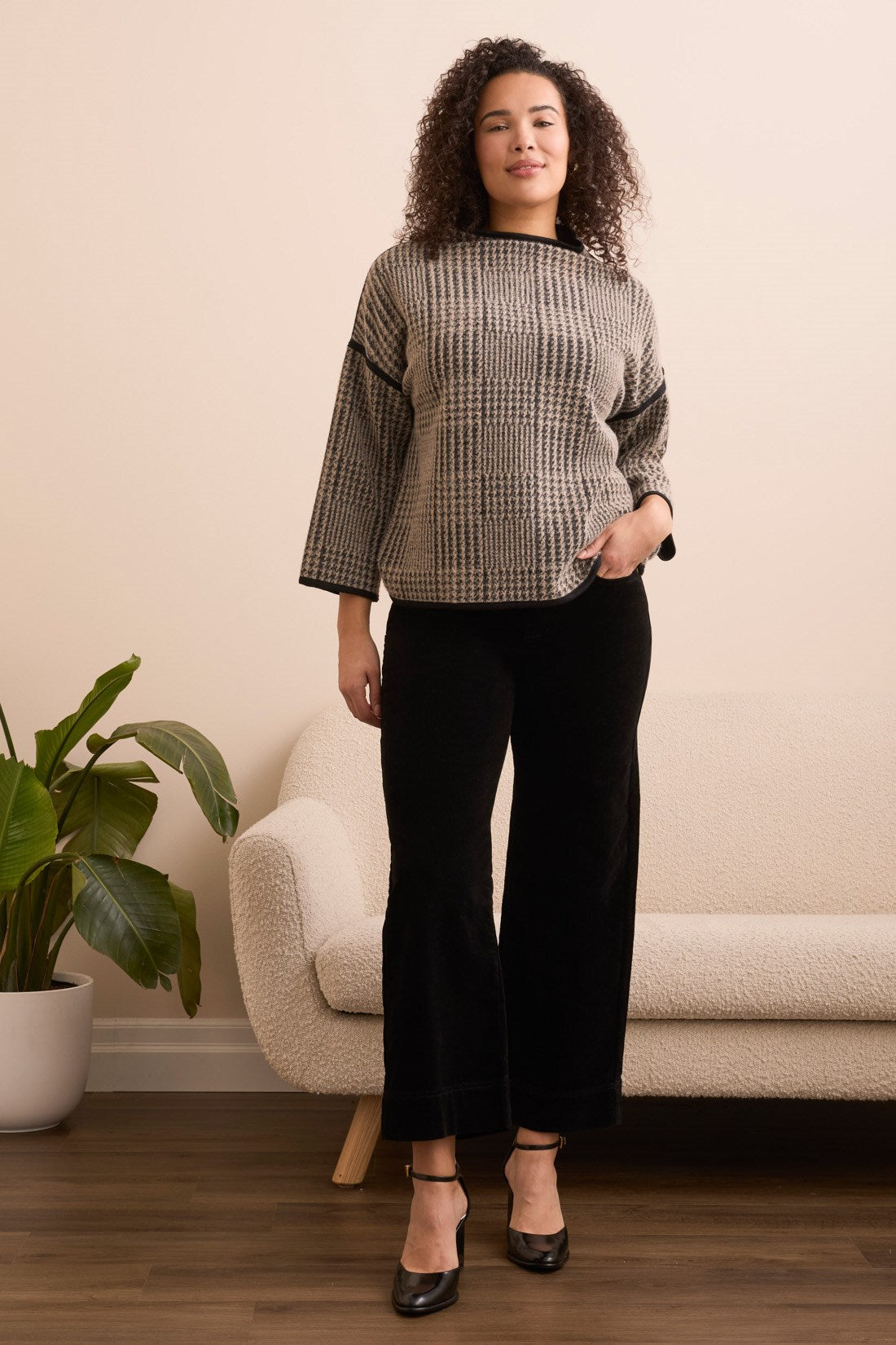 Tribal | 3/4 Sleeve Mock Neck Jacquard Plaid Top