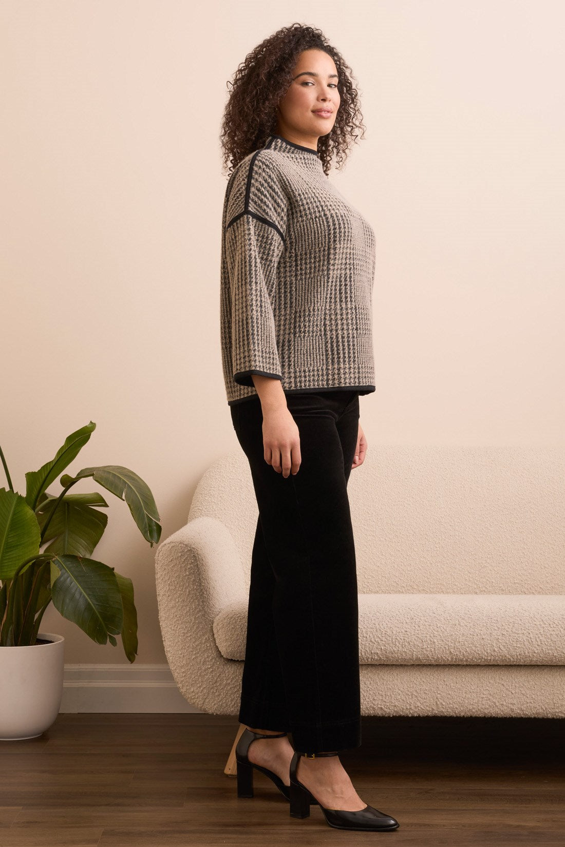 Tribal | 3/4 Sleeve Mock Neck Jacquard Plaid Top