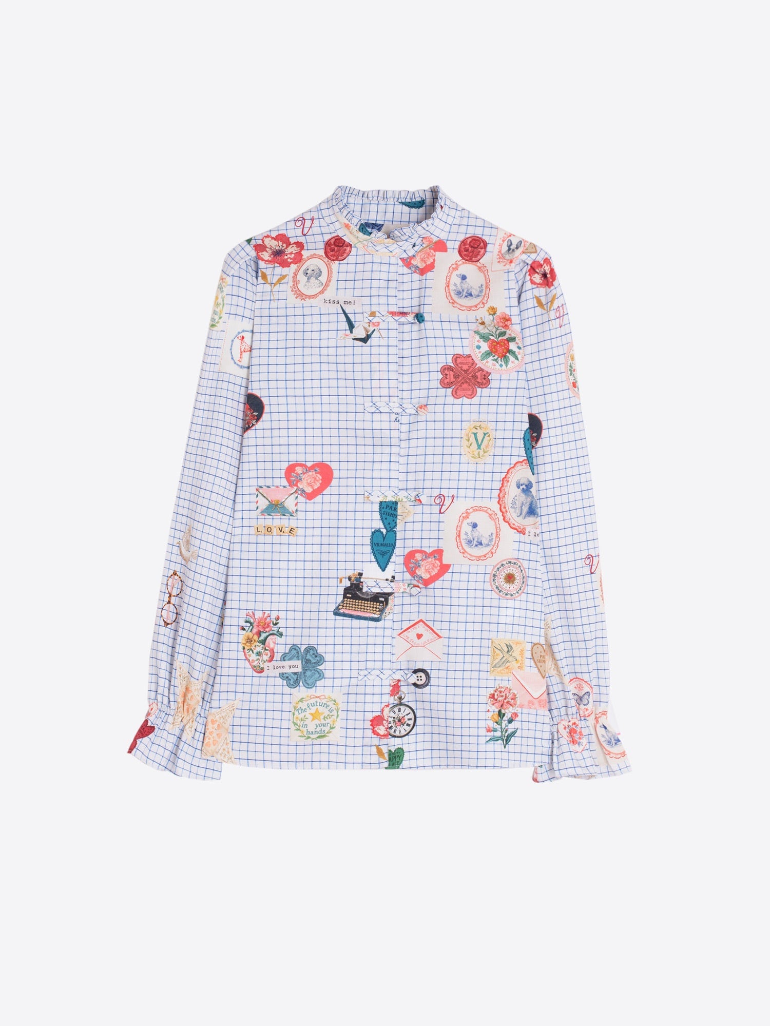 Model wearing Vilagallo love check print shirt